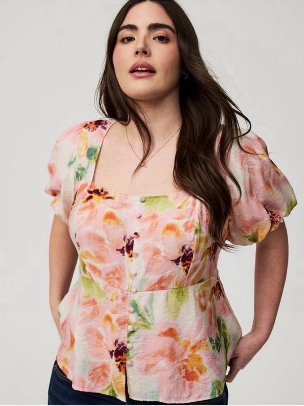Torrid Floral Square-Neck Puff Sleeve Top Pink watercolor NWT